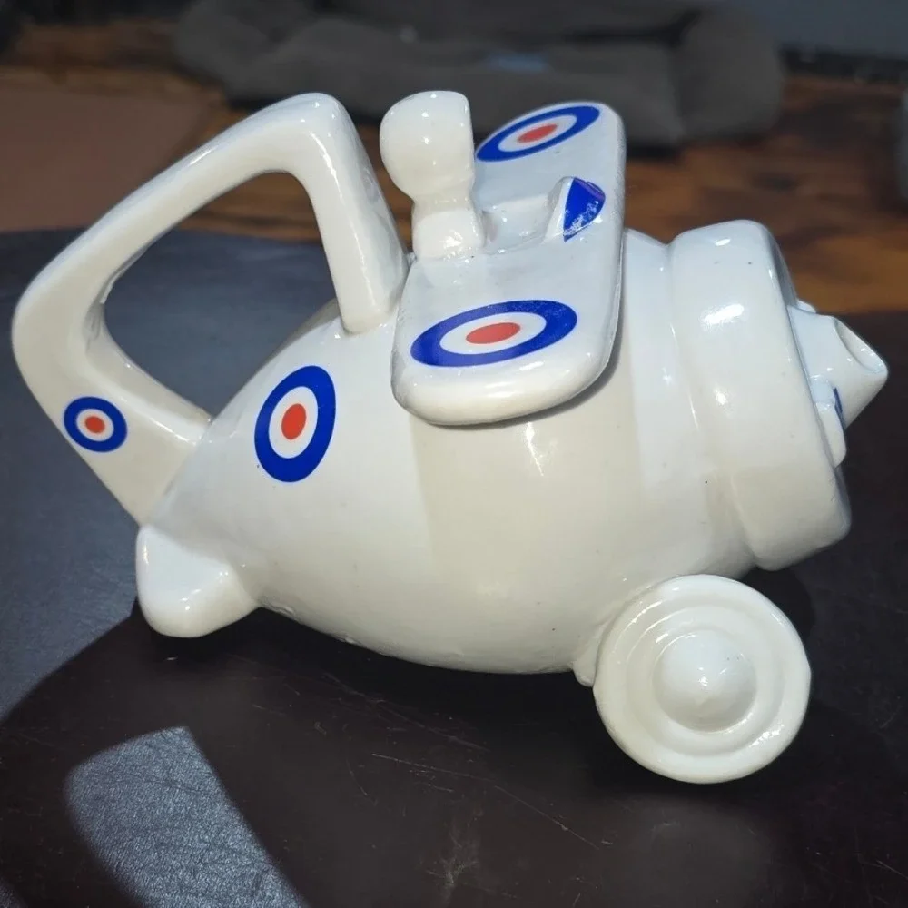 Vintage Ceramic Biplane Novelty Teapot White with Blue and Red Roundel Pilot Lid